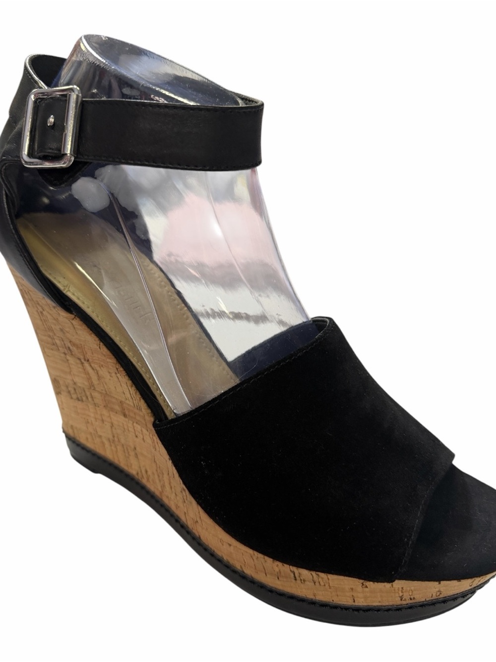 Marc Fischer Black Cork Wedge Sandals with Ankle Strap